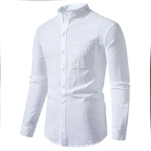 Detail view of a white men's long-sleeved linen shirt with a Mandarin collar