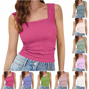 Débardeur Femme Jacquard Fleur Col Carré Sans Manches Haute Élasticité Coupe Ajustée Polyester Élasthanne Camisole Mode D'été Streetwear Haut