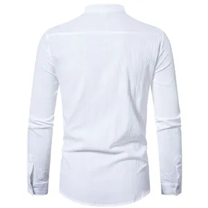Back view of men's white cotton linen long sleeve shirt showing fabric texture