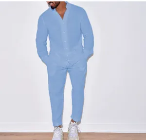 Men's sky blue linen two-piece leisure suit set with long sleeve shirt and matching pants.