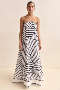 Elegant strapless A-line maxi dress featuring a bold black and white geometric stripe print