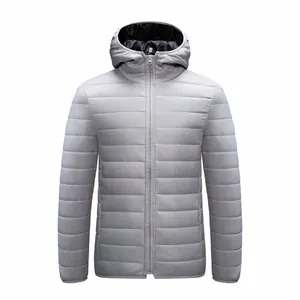 Front view of a men's light gray hooded puffer jacket with quilted horizontal stitching