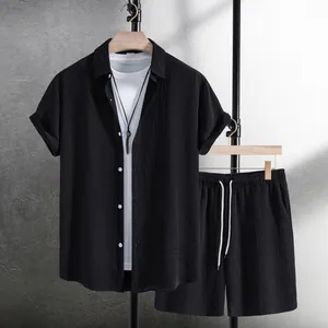 Men Casual Fashion Jacquard Short Sleeve Shirt And Shorts Set Cotton Blend Textured Two Piece Outfit Summer Wear For Men