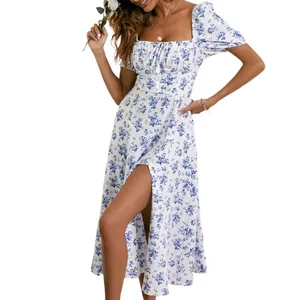 French style floral print midi dress with square neck, puff sleeves and leg slit detail.