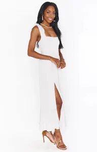 Elegant white square neck sleeveless maxi dress with thigh-high side slit for women