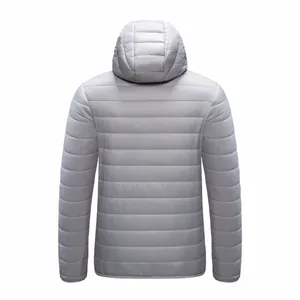 Back view of a lightweight grey hooded padded jacket for men with horizontal quilting