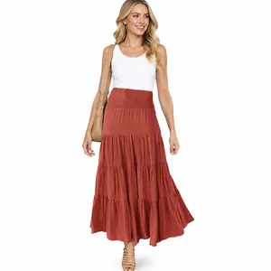 Terracottafarbener Bohème-Maxirock für Damen mit hoher Taille und Stufen