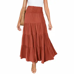 Terracottafarbener Bohème-Maxirock für Damen mit hoher Taille und Stufen