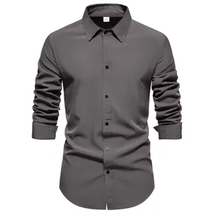Front view of a charcoal grey long-sleeved casual shirt for men on a white background