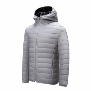 Detailed view of a light grey lightweight hooded puffer jacket for men in 2025 style.