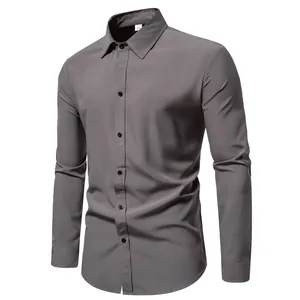 Front view detail of a classic grey long-sleeved men's casual shirt with black buttons.
