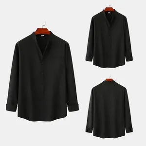 Front and back views of men's casual black stand collar shirt with chest pocket