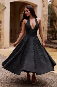 Elegant black halter V-neck jacquard evening midi dress with sleeveless backless design