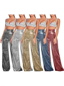 Pantalon Métallique Femme Taille Haute Jambe Large Pantalon Évasé Bronzant Brillant Couleur Unie Ample Droit pour Fête Mode