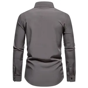 Back view of men's solid grey long-sleeve casual shirt with curved hem