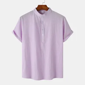 Close-up of a lavender men's cotton linen shirt with a mandarin collar and buttons.
