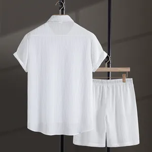 Back view of white jacquard texture men's summer casual shirt and shorts set on hanger