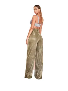 Pantalon large doré métallisé à taille haute pour femme avec un tissu scintillant