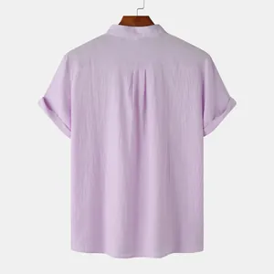 Detailed back view of a men's lavender cotton linen short sleeve casual shirt with stand collar
