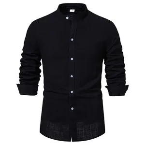 Detail of black cotton linen shirt for men featuring a stand collar and chest pocket