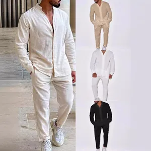 Men's Casual Linen Two Piece Set Long Sleeve Stand Collar Shirt And Pants Sporty Solid Color Fall Tracksuit Outfit For Men