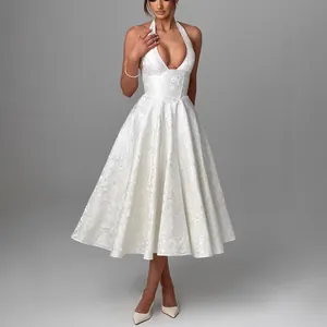 Elegant white V-neck halter jacquard evening dress with backless A-line silhouette