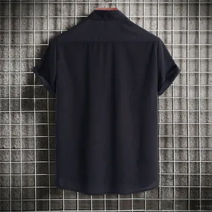 Detailed back view of a classic men's short sleeve casual shirt in dark grey with a lapel