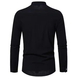 Detailed back view of a solid black men's cotton linen long-sleeved casual button-up shirt
