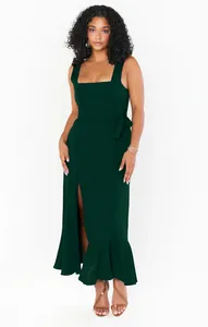 Elegant dark green square neck maxi dress featuring a waist tie and high front slit detail