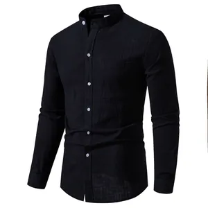 Close-up of a black long-sleeved shirt with a stylish stand collar and textured fabric.
