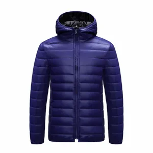 Front view of a men's lightweight blue hooded puffer jacket with quilted design.