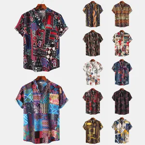 Various men's short-sleeve Hawaiian shirts with colorful ethnic prints and patterns