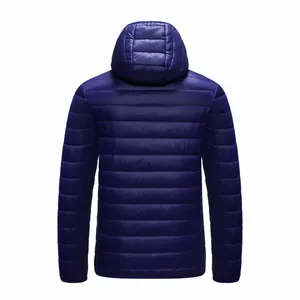 Back view of men's lightweight hooded puffer jacket in navy blue with horizontal quilting