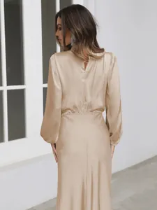 Back view of elegant champagne satin long sleeve maxi dress for evening occasions