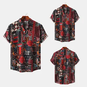 Men's vintage Hawaiian short-sleeve shirt featuring an ethnic tribal patchwork print design