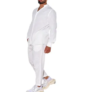 Men's white linen long-sleeve casual suit two-piece set with V-neck shirt and loose trousers