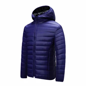 Detail showing texture of navy blue lightweight hooded puffer jacket for men