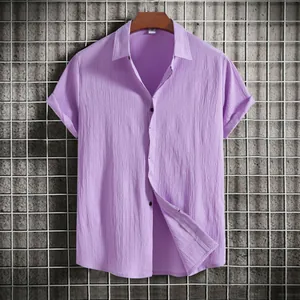 Detailed view of casual men's lilac short-sleeve shirt featuring unique crinkle texture