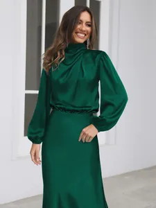 Elegant emerald green satin long-sleeved evening dress with mock neck detail.