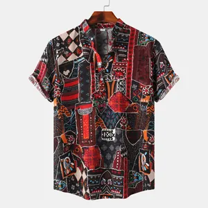 Close-up of men's summer casual Hawaiian shirt with vibrant patchwork floral print