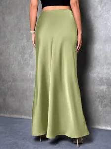 Back view of a long olive green satin skirt featuring a smooth and elegant fabric drape