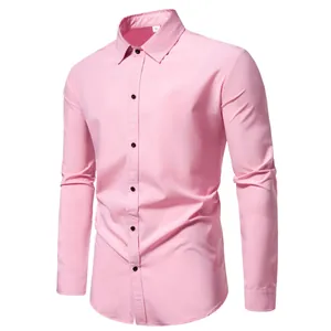Front detail of men's plain pink long sleeve casual shirt with black buttons