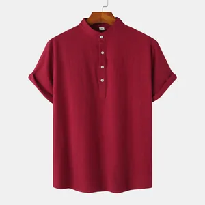 Casual red cotton linen shirt for men featuring a mandarin collar and white buttons