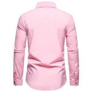 Detailed back view of a minimalist pink long-sleeved casual shirt for men with a curved hem