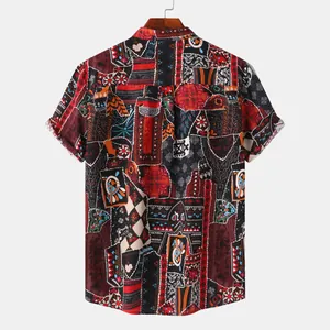 Detail view of the back of a men's ethnic patchwork print short-sleeved Hawaiian shirt