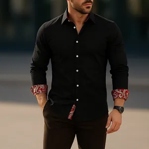 Stylish men's black long-sleeve shirt with red paisley pattern on cuffs and collar