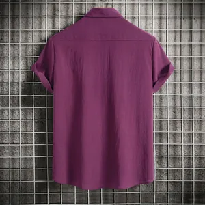 Back detail of a men's casual short sleeve shirt in purple, showing fabric texture