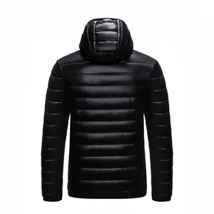 Detailed back view of a men's lightweight hooded puffer jacket in a shiny black finish