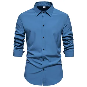 Front view of a blue long-sleeve solid color casual shirt for men in 3D ghost view