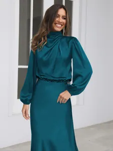 Elegant teal satin long sleeve maxi dress with a sophisticated high neck for evening wear
